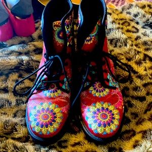 Red plus colorful flowers combat boots